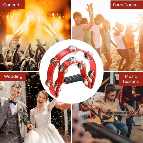 Flexzion Half Moon Musical Tambourine (Red) Double Row Metal Jingles Hand Held Percussion Drum with Ergonomic Handle Grip in Kuwait