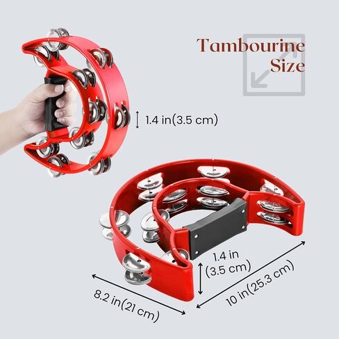 Flexzion Half Moon Musical Tambourine (Red) Double Row Metal Jingles Hand Held Percussion Drum with Ergonomic Handle Grip in Kuwait