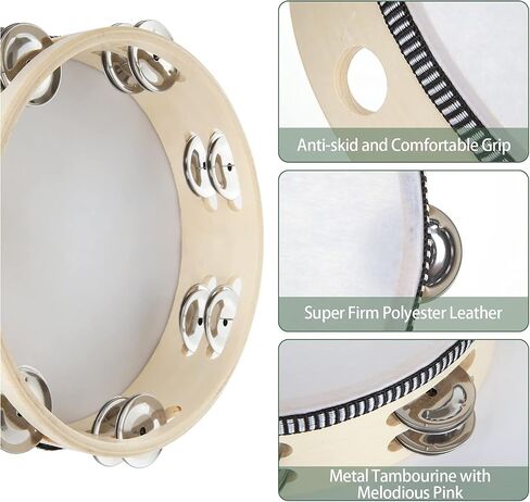 3 Pack 8 inch Tambourine for Adults Hand Held Wood Tambourine Metal Jingles Musical Educational Instrument Rhythm Percussion Tambourine for KTV, Party, Church (Single Row) in Kuwait