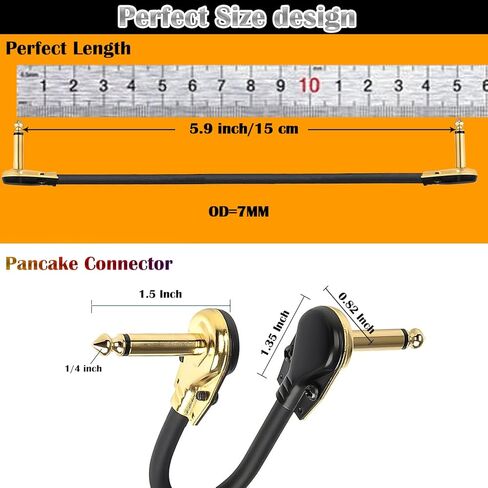 كابلات تصحيح الجيتار HONEST KIN مقاس 6 بوصات، 1/4 بوصة كابل أداة دواسة الجيتار ذو الزاوية اليمنى، موصل فطيرة مطلي بالذهب كابل دواسة تأثيرات على شكل حرف C (عبوة من 3) in Kuwait