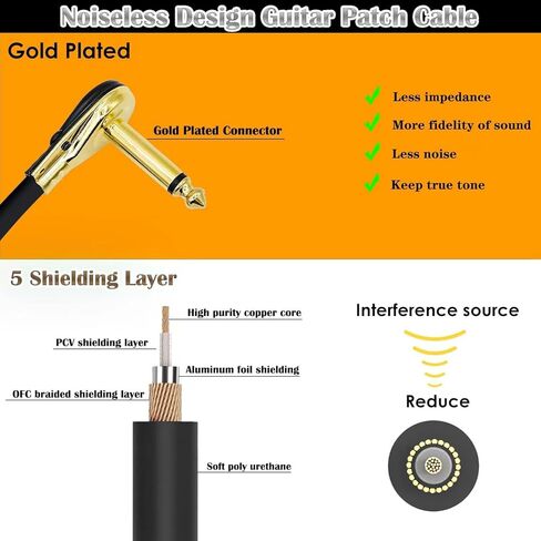 كابلات تصحيح الجيتار HONEST KIN مقاس 6 بوصات، 1/4 بوصة كابل أداة دواسة الجيتار ذو الزاوية اليمنى، موصل فطيرة مطلي بالذهب كابل دواسة تأثيرات على شكل حرف C (عبوة من 3) in Kuwait