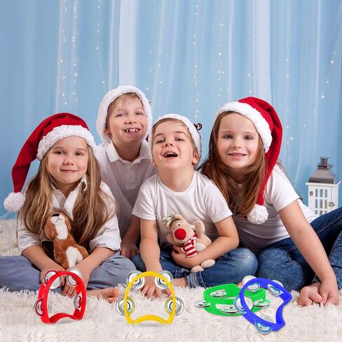 MIAHART 32 Pack Christmas Hand Tambourine Noise Makers Tambourine 4 Bells Plastic Colored Handheld Tambourines Musical Rhythm Instrument for Adults Kids Christmas Party Decoration Favors in Saudi Arabia