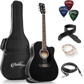Ashthorpe Full-Size Dreadnought Cutaway Acoustic-Electric Guitar Bundle - Premium Tonewoods - Natural