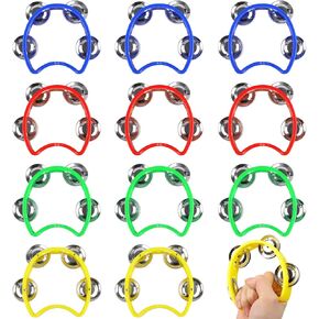 12 Pack Plastic Percussion Tambourine Hand Tambourine Bells, Mini Percussion Tambourines Bulk Hand Held Percussion Drum Musical Rhythm Instrument for Adults Kids Party Supplies(4 Colors)