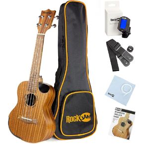 مجموعة RockJam Premium Concert Ukulele مع موالف، وحقيبة أزعج، وحزام، ولقطات وأوتار احتياطية، 4، يمين، طبيعي، كامل (RJUK-712C-N) in Kuwait