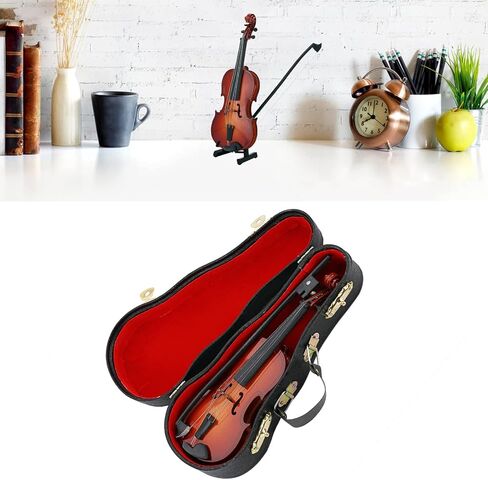 Wooden Mini Violin Model Display, with Bow Stand and Case Musical Ornament Craft, for Home Office Decoration Birthday Valentine's Day Gift in Kuwait