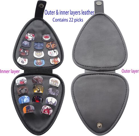 حامل ريشة الجيتار، امسك 22 حافظة مختلفة من الأشكال والسماكات ، حقيبة داخلية وخارجية مزدوجة الطبقات من جلد البولي يوريثان الناعم. هدايا لعازفي الجيتار (أسود) in Kuwait