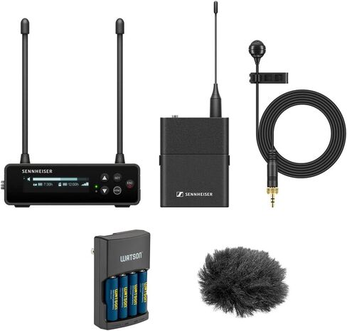 مجموعة Sennheiser EW-DP ME مكونة من 4 مجموعات من نظام الميكروفون اللاسلكي الرقمي Cardioid Lavalier (R1-6: 520 إلى 576 ميجاهرتز) مع Auray WLW Fuzzy Windbuster وشاحن Watson السريع مع 4 بطاريات AA in Kuwait