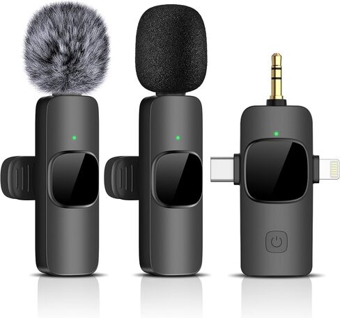 Wireless Lavalier Microphone for iPhone - Android Phone/Camera/Computer/Laptop, Dual Lapel Mic with USB-C/3.5mm/USB Plug for Video Recording, Vlog, YouTube, TikTok, Auto Sync and Noise Reduction in Kuwait