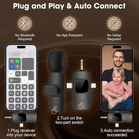 Wireless Lavalier Microphone for iPhone - Android Phone/Camera/Computer/Laptop, Dual Lapel Mic with USB-C/3.5mm/USB Plug for Video Recording, Vlog, YouTube, TikTok, Auto Sync and Noise Reduction in Kuwait
