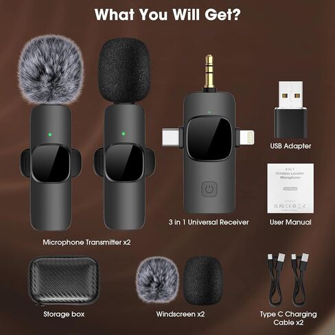 Wireless Lavalier Microphone for iPhone - Android Phone/Camera/Computer/Laptop, Dual Lapel Mic with USB-C/3.5mm/USB Plug for Video Recording, Vlog, YouTube, TikTok, Auto Sync and Noise Reduction in Kuwait