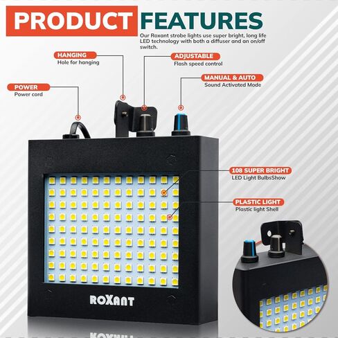 ضوء Strobe LED فائق السطوع من Roxant Pulse (حقيبة معدنية) - وضع التشغيل اليدوي والصوت والتحكم في سرعة الفلاش القابل للتعديل in Kuwait