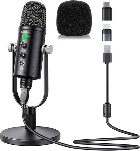 Mercase USB Microphone for Podcast, Recording, Sing, ASMR, with Mute Button,Plug & Play,Cardioid Pickup,Volume Control for Computer,Phone,MAC in Kuwait