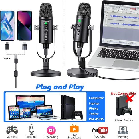 Mercase USB Microphone for Podcast, Recording, Sing, ASMR, with Mute Button,Plug & Play,Cardioid Pickup,Volume Control for Computer,Phone,MAC in Kuwait