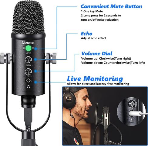 Mercase USB Microphone for Podcast, Recording, Sing, ASMR, with Mute Button,Plug & Play,Cardioid Pickup,Volume Control for Computer,Phone,MAC in Kuwait
