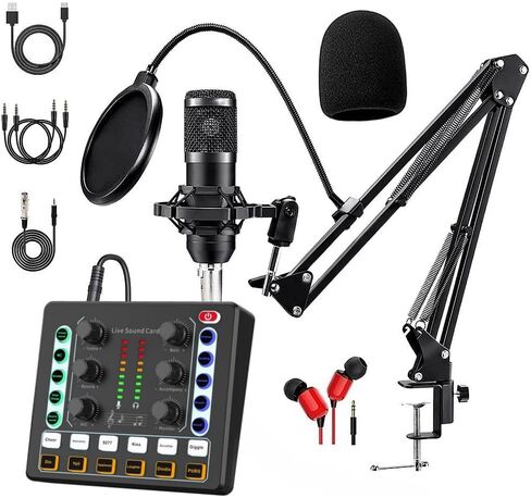 حزمة معدات بودكاست SKTEET، مع ميكروفون بودكاست BM800 وبطاقة صوت V8، ومغير الصوت - واجهة الصوت - مثالية للتسجيل والغناء والبث والألعاب (V8-أسود) in Kuwait