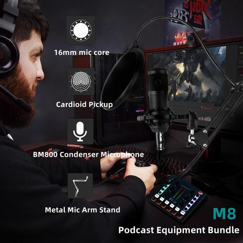 حزمة معدات بودكاست SKTEET، مع ميكروفون بودكاست BM800 وبطاقة صوت V8، ومغير الصوت - واجهة الصوت - مثالية للتسجيل والغناء والبث والألعاب (V8-أسود) in Kuwait