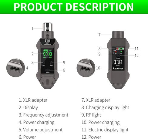 XTUGA C-977 UHF Wireless XLR Transmitter and Receiver& Wireless Guitar Transmitter Receiver,Rechargeable Mic Adapter 16 Channels 164ft Range for Dynamic Microphone,Audio Mixer,Electric Guitar Bass in Saudi Arabia