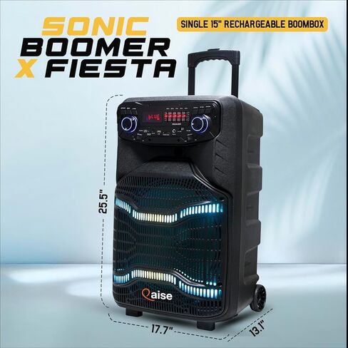 Qaise SB-1502 SonicBoomer X Fiesta سماعات بلوتوث بارتي بوكس، مكبر صوت 15 بوصة، كاريوكي، أضواء LED، راديو FM، ميكروفون، جهاز تحكم عن بعد in Kuwait