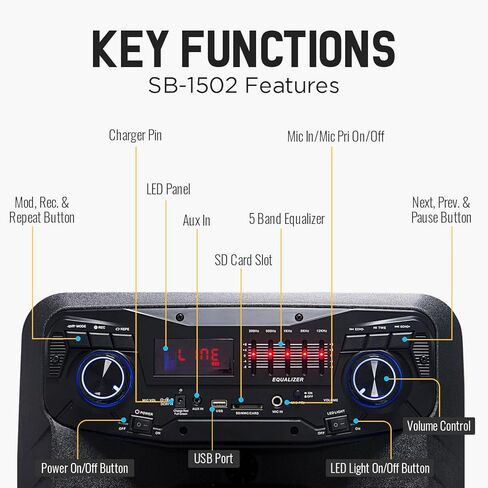 Qaise SB-1502 SonicBoomer X Fiesta سماعات بلوتوث بارتي بوكس، مكبر صوت 15 بوصة، كاريوكي، أضواء LED، راديو FM، ميكروفون، جهاز تحكم عن بعد in Kuwait