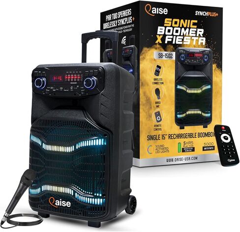 Qaise SB-1502 SonicBoomer X Fiesta سماعات بلوتوث بارتي بوكس، مكبر صوت 15 بوصة، كاريوكي، أضواء LED، راديو FM، ميكروفون، جهاز تحكم عن بعد in Kuwait