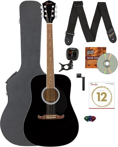 غيتار Fender FA-125 Dreadnought - حزمة سوداء مع حقيبة الحفلة، والموالف، والحزام، والأوتار، ولفاف السلسلة، واللقطات، وأقراص DVD التعليمية لأوستن بازار in Saudi Arabia