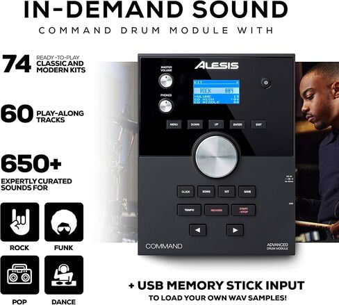 مجموعة Alesis Drums Command Mesh Kit - مجموعة طبول كهربائية مع اتصال USB MIDI، 600+ أصوات مجموعة طبول إلكترونية وصوتية ومنصات شبكية مزدوجة المنطقة in Kuwait