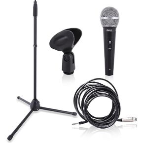 Pyle Professional Handheld Dynamic Microphone Kit - Unidirectional Vocal Wired Microphone w/Carry Bag, Metal Mic Stand, Holder/Clip & 16.4ft XLR Audio Cable to 1/4'' Audio Connection PDMIC88ST,Black in Saudi Arabia