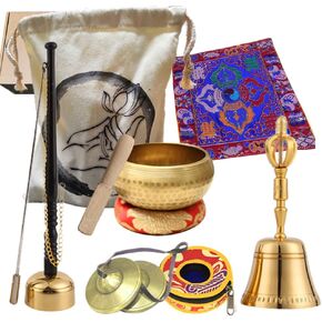مجموعة اجراس تأمل بوذية تبتية، مجموعة اوعية غناء 3.1 انش، اجراس تينغشا 2.5 انش، جرس نحاسي 7.5 انش دورجي فاجرا، تنفيذ الكتاب المقدس للغناء، حصيرة دارما 8 انش وحقيبة زن in Kuwait