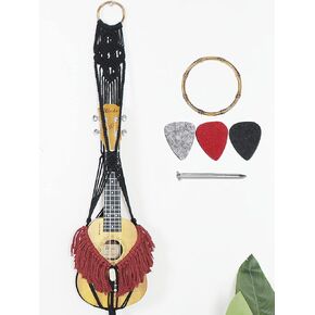 Macrame Ukulele Wall Hanger,Macrame Ukulele Holder Wall Mount Hanger (Black&Burgundy)