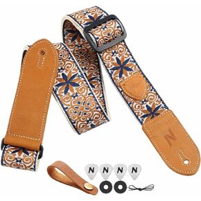 Nefelibata Guitar Strap,Double leather ends,Vintage Woven W/FREE BONUS-4 Picks+Strap Locks+Strap Button,Best Gift For Bass,Electric&Acoustic Guitars for Guitar(Vintage khaki yellow embroidery)