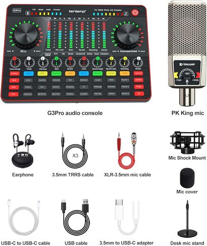 حزمة معدات بودكاست ، خلاط صوت بمصابيح مع بطاقة صوت حية وحزمة ميكروفون بودكاست كينج بي كاي ، مجموعة بودكاست الكل في واحد للكمبيوتر الشخصي أو الهاتف المحمول بث الحي ، تسجيل ستوديو الموسيقى ، غيتار in Kuwait
