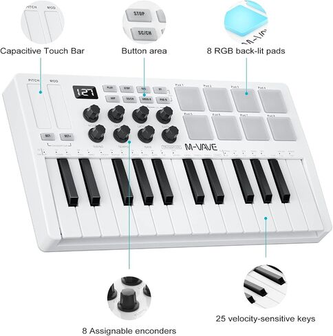 M-WAVE Wireless MIDI Controller Pads, Bluetooth Portable USB MIDI Controller with 16 MPC Drum Pads, 8 Assignable Knobs, Note Repeat, Full Level Buttons, Rechargeable battery (Black Pad) in Saudi Arabia