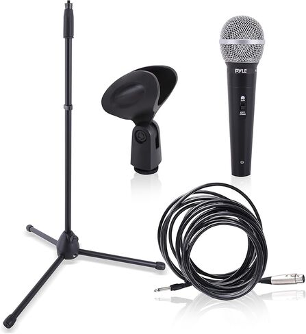 Pyle Professional Handheld Dynamic Microphone Kit - Unidirectional Vocal Wired Microphone w/Carry Bag, Metal Mic Stand, Holder/Clip & 16.4ft XLR Audio Cable to 1/4'' Audio Connection PDMIC88ST,Black in Saudi Arabia