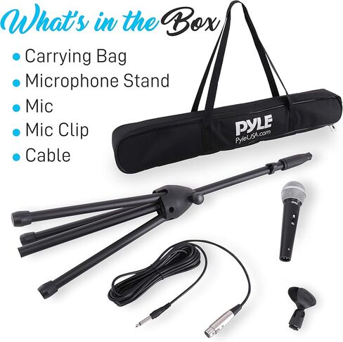 Pyle Professional Handheld Dynamic Microphone Kit - Unidirectional Vocal Wired Microphone w/Carry Bag, Metal Mic Stand, Holder/Clip & 16.4ft XLR Audio Cable to 1/4'' Audio Connection PDMIC88ST,Black in Saudi Arabia