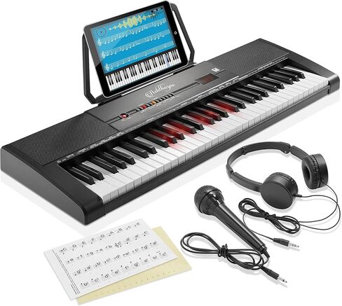 Ashthorpe 61 مفتاح بيانو إلكتروني رقمي مع مفاتيح مضيئة، مجموعة المبتدئين المحمولة تتضمن سماعات الرأس والميكروفون وملصقات الكلمات الرئيسية in Kuwait
