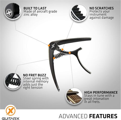GUITARX X Capo للجيتار الصوتي، كابو الجيتار الكهربائي - أيضًا للباس والقيثارة والبانجو والمندولين - العلامة التجارية رقم 1 بين كابو الجيتار - سبائك الزنك، معدن لامع أسود in Kuwait