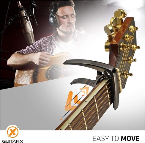 GUITARX X Capo للجيتار الصوتي، كابو الجيتار الكهربائي - أيضًا للباس والقيثارة والبانجو والمندولين - العلامة التجارية رقم 1 بين كابو الجيتار - سبائك الزنك، معدن لامع أسود in Kuwait