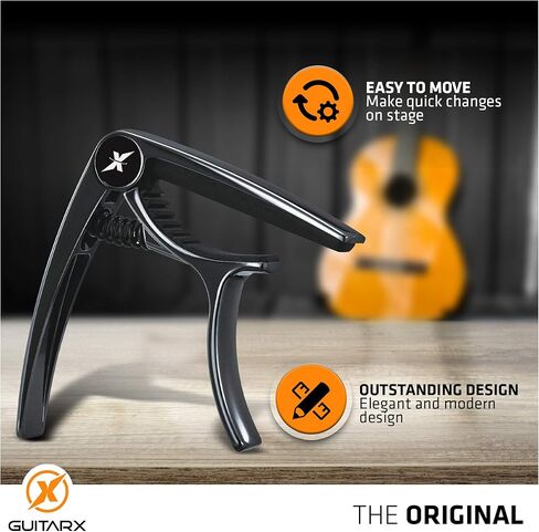 GUITARX X Capo للجيتار الصوتي، كابو الجيتار الكهربائي - أيضًا للباس والقيثارة والبانجو والمندولين - العلامة التجارية رقم 1 بين كابو الجيتار - سبائك الزنك، معدن لامع أسود in Kuwait