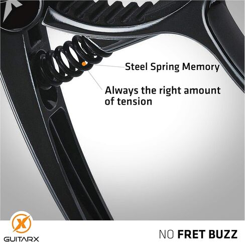 GUITARX X Capo للجيتار الصوتي، كابو الجيتار الكهربائي - أيضًا للباس والقيثارة والبانجو والمندولين - العلامة التجارية رقم 1 بين كابو الجيتار - سبائك الزنك، معدن لامع أسود in Kuwait