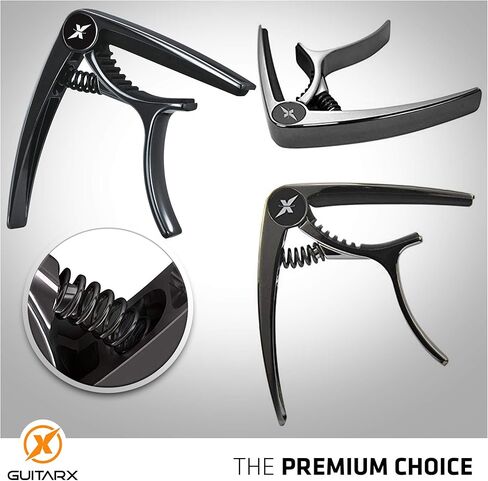 GUITARX X Capo للجيتار الصوتي، كابو الجيتار الكهربائي - أيضًا للباس والقيثارة والبانجو والمندولين - العلامة التجارية رقم 1 بين كابو الجيتار - سبائك الزنك، معدن لامع أسود in Kuwait