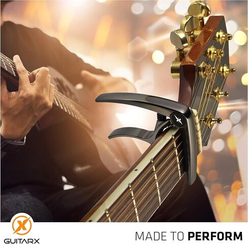 GUITARX X Capo للجيتار الصوتي، كابو الجيتار الكهربائي - أيضًا للباس والقيثارة والبانجو والمندولين - العلامة التجارية رقم 1 بين كابو الجيتار - سبائك الزنك، معدن لامع أسود in Kuwait