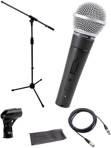شور حزمة ميكروفون SM58-S مع مفتاح تشغيل/إيقاف، مشبك وحقيبة وحامل ميكروفون بوم وكابل اكس ال ار in Kuwait