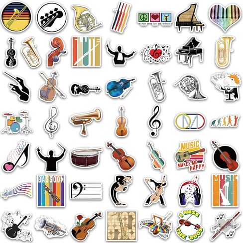 مجموعة ملصقات موسيقية اوركسترا لزجاجات المياه من الفينيل المقاوم للماء للاطفال والمراهقين ملصقات جمالية للموسيقى الكلاسيكية للابتوب والقوارير المائية والكمان - 100 قطعة in Kuwait