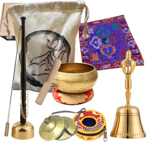 مجموعة اجراس تأمل بوذية تبتية، مجموعة اوعية غناء 3.1 انش، اجراس تينغشا 2.5 انش، جرس نحاسي 7.5 انش دورجي فاجرا، تنفيذ الكتاب المقدس للغناء، حصيرة دارما 8 انش وحقيبة زن in Kuwait