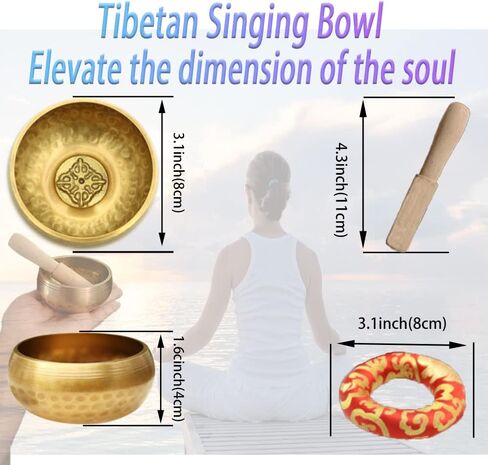 مجموعة اجراس تأمل بوذية تبتية، مجموعة اوعية غناء 3.1 انش، اجراس تينغشا 2.5 انش، جرس نحاسي 7.5 انش دورجي فاجرا، تنفيذ الكتاب المقدس للغناء، حصيرة دارما 8 انش وحقيبة زن in Kuwait