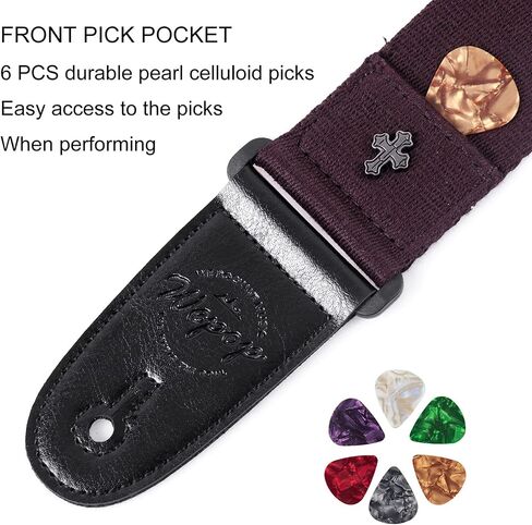 WeBingo Guitar Strap, Adjustable Guitar Straps For Bass, Electric Acoustic Guitar with 2 Buttons & 6 Guitar Picks in Kuwait