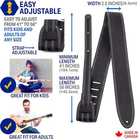 Perri’s Leathers Adjustable Guitar Straps for Kids, Men & Women - Double Stitched Guitar Strap for Acoustic, Bass and Electric Guitars - Guitar - Adjustable Size - Black in Saudi Arabia