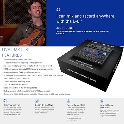 Zoom LiveTrak L-8 خلاط رقمي محمول ذو 8 قنوات ومسجل متعدد المسارات + ميكروفون ZDM-1 Zoom 2x مع سماعات الرأس والزجاج الأمامي والحوامل + قطعة قماش للتنظيف - حزمة بودكاست لشخصين in Saudi Arabia