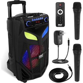 Pyle Portable Bluetooth PA Speaker System-600W 10" Indoor/Outdoor BT Speaker-Includes 2 Wireless Microphones, Party Lights, USB SD Card Reader, FM Radio, Rolling Wheels-Remote Control PPHP101WMB